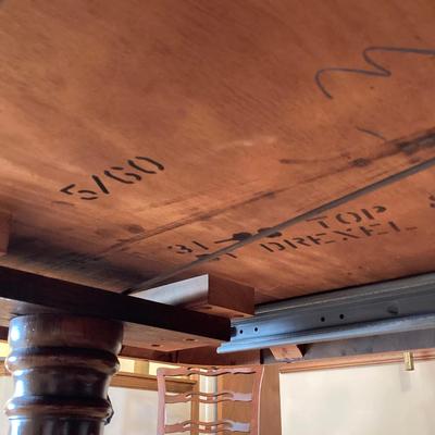 LOT 55: Vintage Drexel Double Pedestal Mahogany Dining Table with Five Chairs and Table Pads