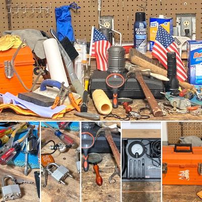 LOT 59: Garage Cleanout - Tools, Lights, Household, Hardware, Air Pump and More