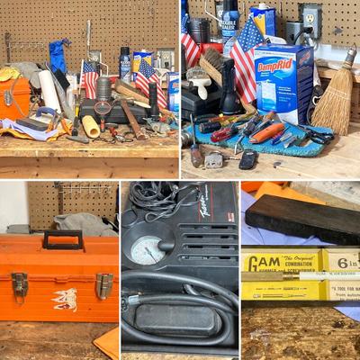 LOT 59: Garage Cleanout - Tools, Lights, Household, Hardware, Air Pump and More