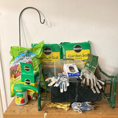 LOT 63: Garden Collection - Miracle Grow Garden Soil, Potting Mix, Tools, Gloves, Bench and More