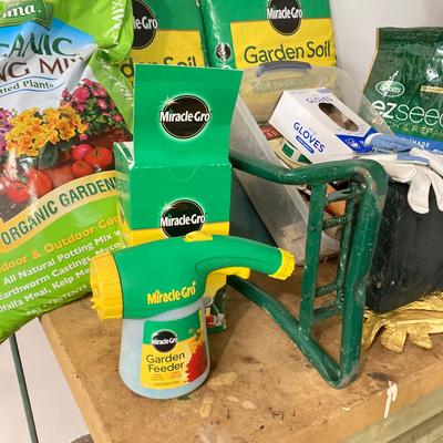 LOT 63: Garden Collection - Miracle Grow Garden Soil, Potting Mix, Tools, Gloves, Bench and More