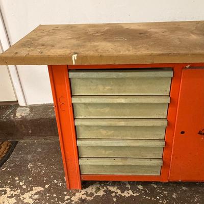 LOT 66: Metal and Wood Work Bench / Cabinet with Table Top Companion Vise and More
