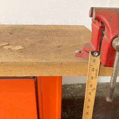 LOT 66: Metal and Wood Work Bench / Cabinet with Table Top Companion Vise and More