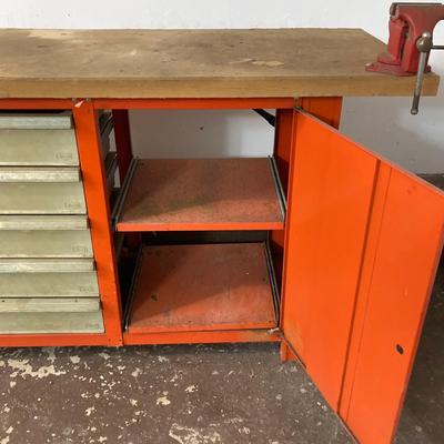 LOT 66: Metal and Wood Work Bench / Cabinet with Table Top Companion Vise and More