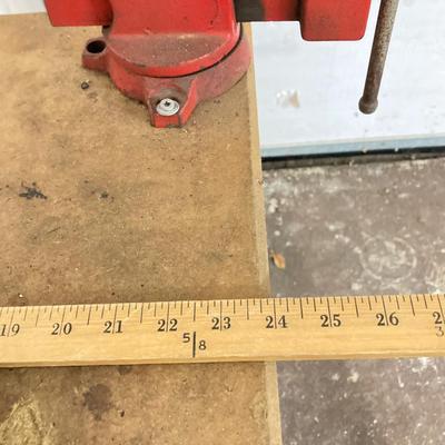 LOT 66: Metal and Wood Work Bench / Cabinet with Table Top Companion Vise and More