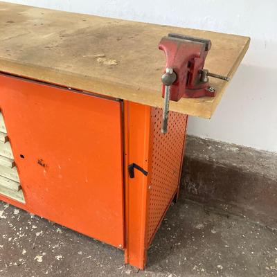 LOT 66: Metal and Wood Work Bench / Cabinet with Table Top Companion Vise and More