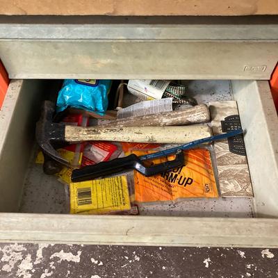 LOT 66: Metal and Wood Work Bench / Cabinet with Table Top Companion Vise and More