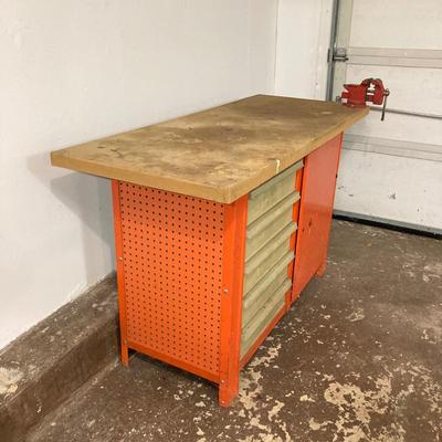 LOT 66: Metal and Wood Work Bench / Cabinet with Table Top Companion Vise and More