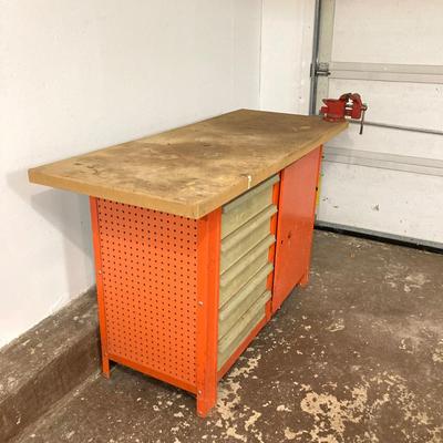 LOT 66: Metal and Wood Work Bench / Cabinet with Table Top Companion Vise and More