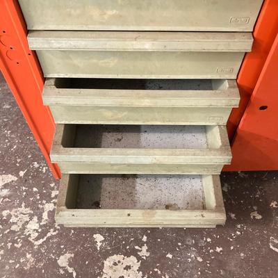 LOT 66: Metal and Wood Work Bench / Cabinet with Table Top Companion Vise and More