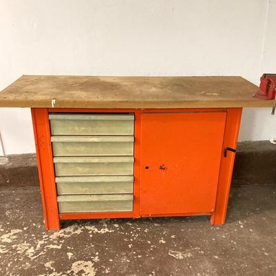 LOT 66: Metal and Wood Work Bench / Cabinet with Table Top Companion Vise and More