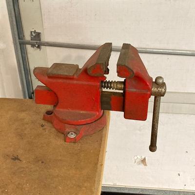 LOT 66: Metal and Wood Work Bench / Cabinet with Table Top Companion Vise and More