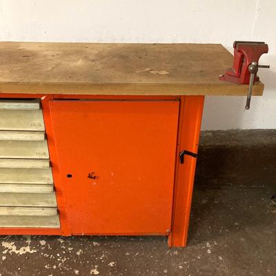 LOT 66: Metal and Wood Work Bench / Cabinet with Table Top Companion Vise and More