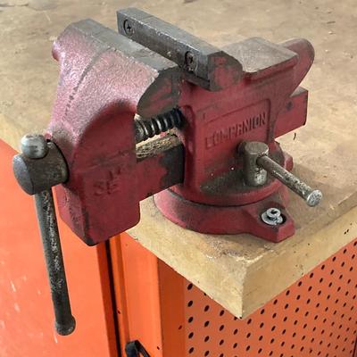 LOT 66: Metal and Wood Work Bench / Cabinet with Table Top Companion Vise and More