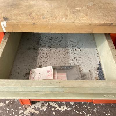 LOT 66: Metal and Wood Work Bench / Cabinet with Table Top Companion Vise and More