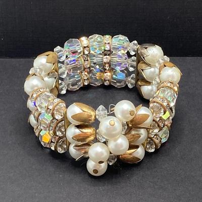 LOT 74: Vintage Jewelry Collection - Miriam Haskell Necklace, Brooch Pin, Stretch Bracelets and More