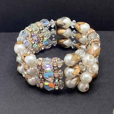 LOT 74: Vintage Jewelry Collection - Miriam Haskell Necklace, Brooch Pin, Stretch Bracelets and More