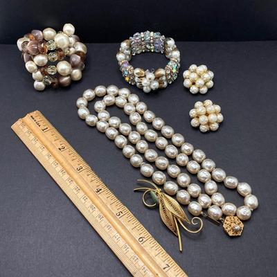 LOT 74: Vintage Jewelry Collection - Miriam Haskell Necklace, Brooch Pin, Stretch Bracelets and More