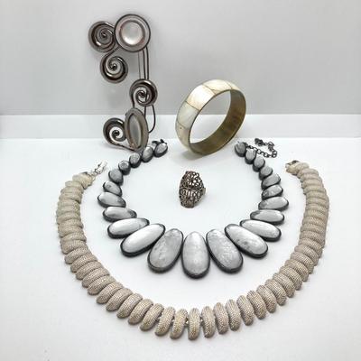LOT 76: Gorgeous Vintage Jewelry - Necklaces (Kiam Family), Mother of Pearl Bangle Bracelet / Pin and Ring