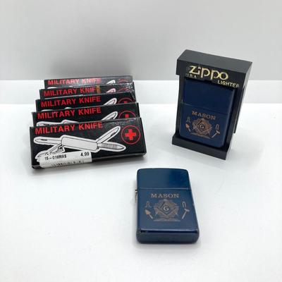 LOT 77: Free Mason Zippo Lighters and Five Military / Utility Folding Pocket Knives