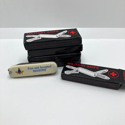 LOT 77: Free Mason Zippo Lighters and Five Military / Utility Folding Pocket Knives