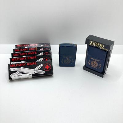 LOT 77: Free Mason Zippo Lighters and Five Military / Utility Folding Pocket Knives