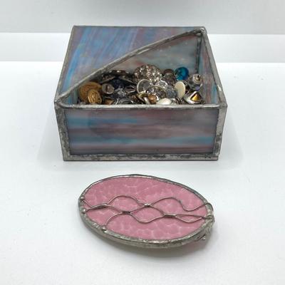 LOT 78: Vintage Sewing / Crafting Collection - Buttons, Scissors, Pins with Stained Glass Mirror and Trinket Holder