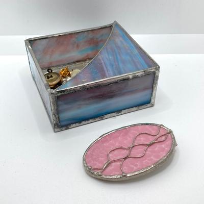 LOT 78: Vintage Sewing / Crafting Collection - Buttons, Scissors, Pins with Stained Glass Mirror and Trinket Holder