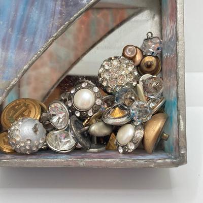 LOT 78: Vintage Sewing / Crafting Collection - Buttons, Scissors, Pins with Stained Glass Mirror and Trinket Holder