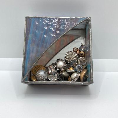 LOT 78: Vintage Sewing / Crafting Collection - Buttons, Scissors, Pins with Stained Glass Mirror and Trinket Holder