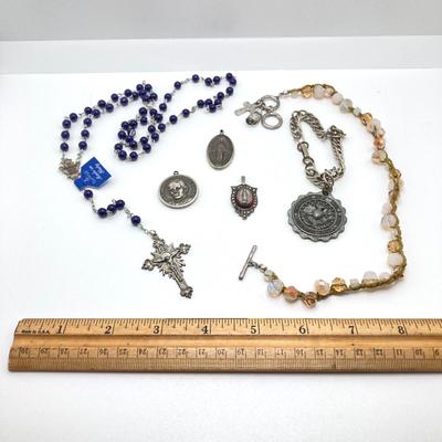 LOT 79: Vintage Religious Collection - Sterling Pendant / Metal, Made in Italy Rosary Beads, Medals and More