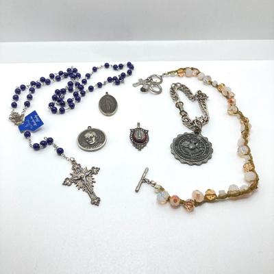 LOT 79: Vintage Religious Collection - Sterling Pendant / Metal, Made in Italy Rosary Beads, Medals and More