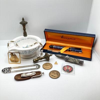 LOT 80: Vintage Collection - Waterman Pen Set, Finials, Ashtray, File, Pocket Knife, Tokens and More