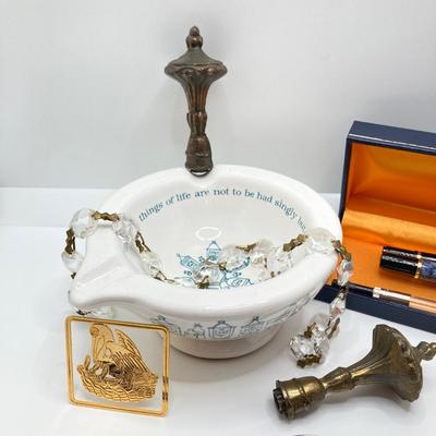 LOT 80: Vintage Collection - Waterman Pen Set, Finials, Ashtray, File, Pocket Knife, Tokens and More