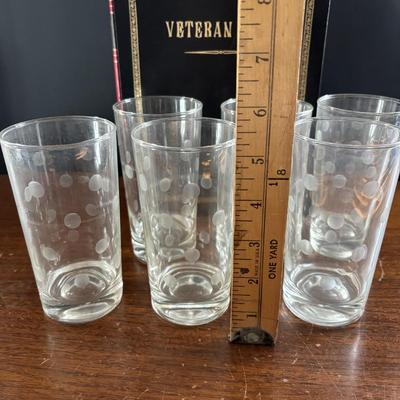 LOT 110: Set of 6 Liquor Glasses & Coaster in a Book Style Box along with Etched Polka Dot Glassware
