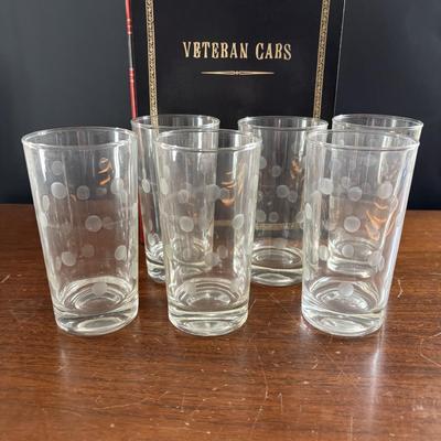 LOT 110: Set of 6 Liquor Glasses & Coaster in a Book Style Box along with Etched Polka Dot Glassware