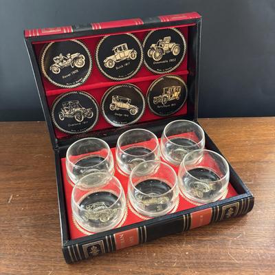 LOT 110: Set of 6 Liquor Glasses & Coaster in a Book Style Box along with Etched Polka Dot Glassware