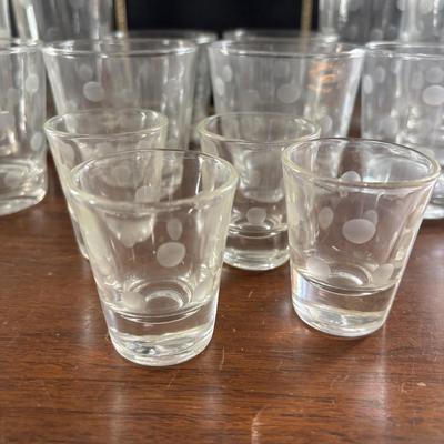 LOT 110: Set of 6 Liquor Glasses & Coaster in a Book Style Box along with Etched Polka Dot Glassware