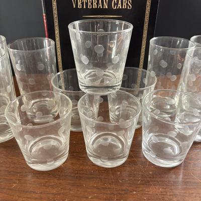 LOT 110: Set of 6 Liquor Glasses & Coaster in a Book Style Box along with Etched Polka Dot Glassware