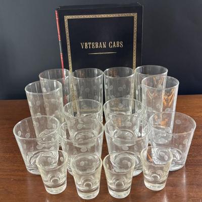LOT 110: Set of 6 Liquor Glasses & Coaster in a Book Style Box along with Etched Polka Dot Glassware