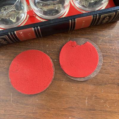 LOT 110: Set of 6 Liquor Glasses & Coaster in a Book Style Box along with Etched Polka Dot Glassware