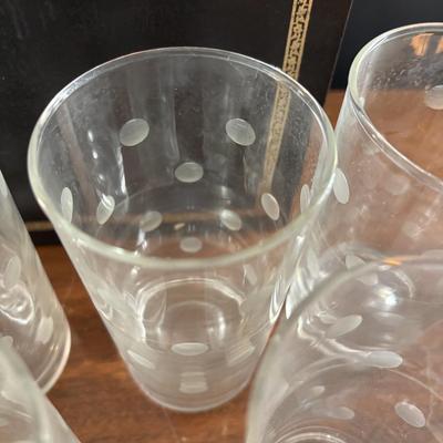 LOT 110: Set of 6 Liquor Glasses & Coaster in a Book Style Box along with Etched Polka Dot Glassware