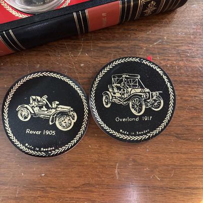 LOT 110: Set of 6 Liquor Glasses & Coaster in a Book Style Box along with Etched Polka Dot Glassware