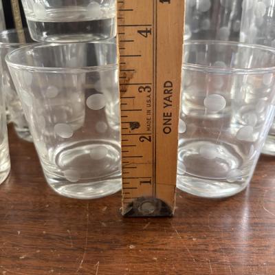 LOT 110: Set of 6 Liquor Glasses & Coaster in a Book Style Box along with Etched Polka Dot Glassware