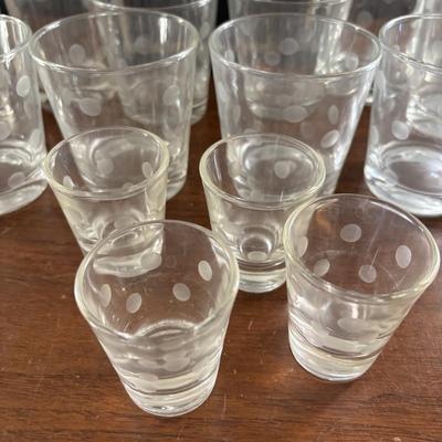 LOT 110: Set of 6 Liquor Glasses & Coaster in a Book Style Box along with Etched Polka Dot Glassware