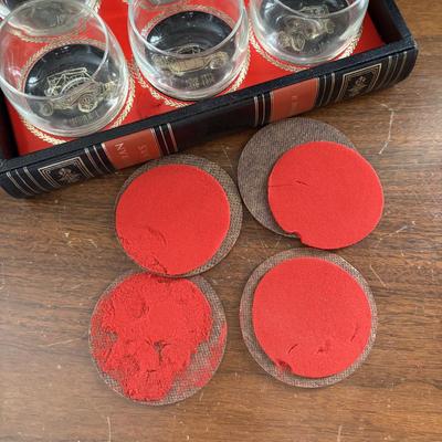 LOT 110: Set of 6 Liquor Glasses & Coaster in a Book Style Box along with Etched Polka Dot Glassware