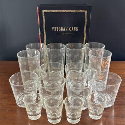 LOT 110: Set of 6 Liquor Glasses & Coaster in a Book Style Box along with Etched Polka Dot Glassware