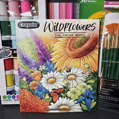 LOT 112: Art Supplies: Crayons, Colored Pencils, Paint Brushes, Coloring Book & More