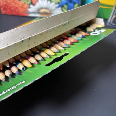 LOT 112: Art Supplies: Crayons, Colored Pencils, Paint Brushes, Coloring Book & More
