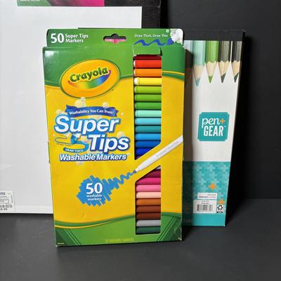 LOT 112: Art Supplies: Crayons, Colored Pencils, Paint Brushes, Coloring Book & More